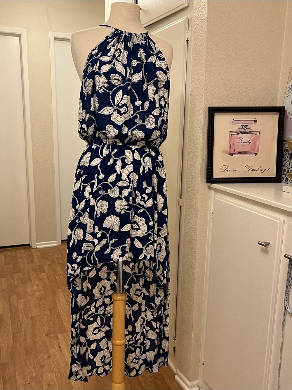 Aqua Navy & White Floral Halter Hi-Lo Dress - Size L